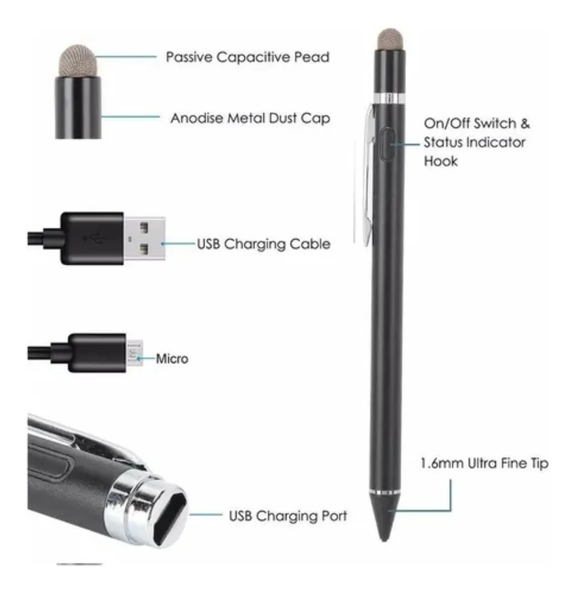 Lápiz Táctil Capacitivo Universal Punta Suave Alta Precisión Negro