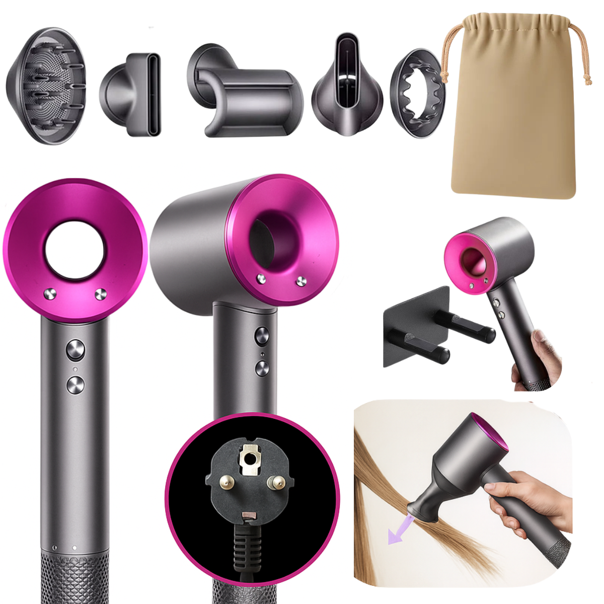 Secador De Pelo Dupe Dyson Iónico Supersonic 1600w Alta Velocidad Color Fucsia